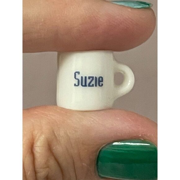 Vintage Miniature White Ceramic Coffee Mug With name Suzie Spell Out Dollhouse - Picture 3 of 5